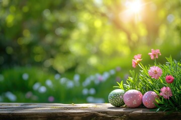 Easter theme: side view displaying wooden table adorned with vibrant Easter eggs, wildflowers, fresh grass, set against softly focused, sunlit garden backdrop, providing space for advert. Generated AI