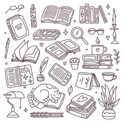 Hand drawn library doodle set. Reading and writing concept. Black color sketch, coloring book. Line art style books, notebooks and pads . Vector illustration, isolated pattern