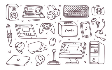 Doodle hand drawing set of gadgets. Electronics concept for coloring book. Vector illustration isolated