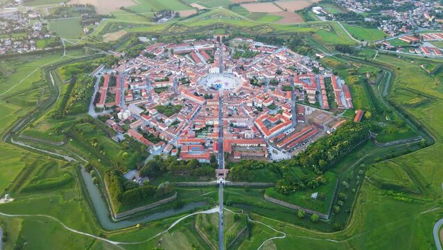 Aerial drone view of the Fortress of Palmanova in Italy. Unesco World Heritage. Venetian Works of Defence.
