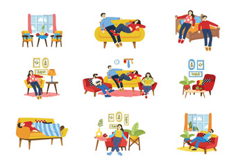 tired people laying down on couch collection flat style