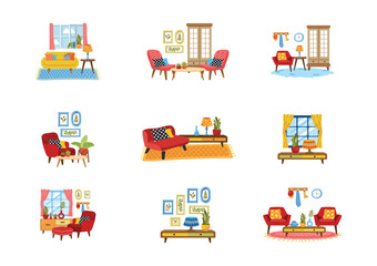 Fototapeta premium furniture in living room collection flat style
