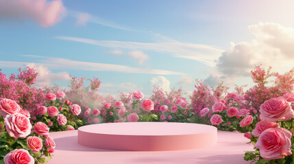 Fototapeta na wymiar Pink round podium with rose bushes around and a summer clear sky with clouds in the background. Photorealistic 3d stylish template for product presentation