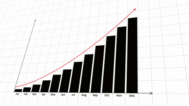 12 months bar chart business company development progress for the year. Arrow going up growing rapidly. Black and red business chart. Computer illustration.