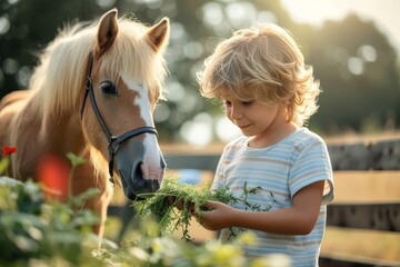 A young boy gently feeds a palomino horse with fresh greenery in a serene outdoor setting - obrazy, fototapety, plakaty