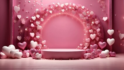 Pink Podium with red and pink heart decorations for product display.