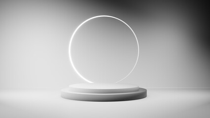 Podium for product or cosmetics demonstration. Three dimensional stage on light grey background. Display podium scene or presentation with showcase in the studio room background. 