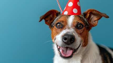 Cute dog celebrating with red pary hat and blow-out on blue background with copy space - obrazy, fototapety, plakaty