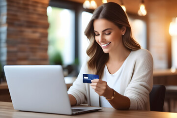 Woman Sitting at Table With Laptop and Credit Card - obrazy, fototapety, plakaty