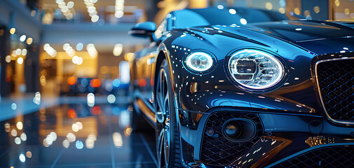 photo of a new black car on display with a car showroom in the background - obrazy, fototapety, plakaty