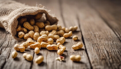 peanuts in a miniature burlap bag on wooden surface

 - obrazy, fototapety, plakaty