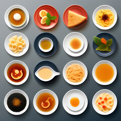 Set of different types of tea in porcelain dishes. 