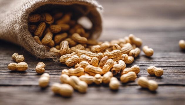 peanuts in a miniature burlap bag on wooden surface

