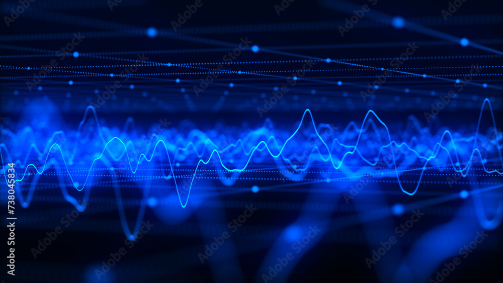 Poster wave of particles. futuristic pattern of dots and lines on a dark background. visualization of sound