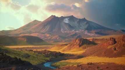 Volcanic mountain range with crater on wilderness in summer, colorful volcanic mountains Landmannalaugar in Iceland - obrazy, fototapety, plakaty