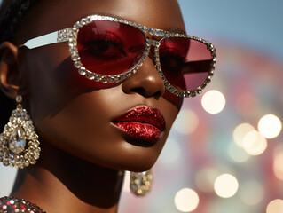 Beautiful fashionable young black woman wearing luxury sunglasses with rhinestones