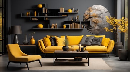 Modern Charcoal and Yellow Living Room