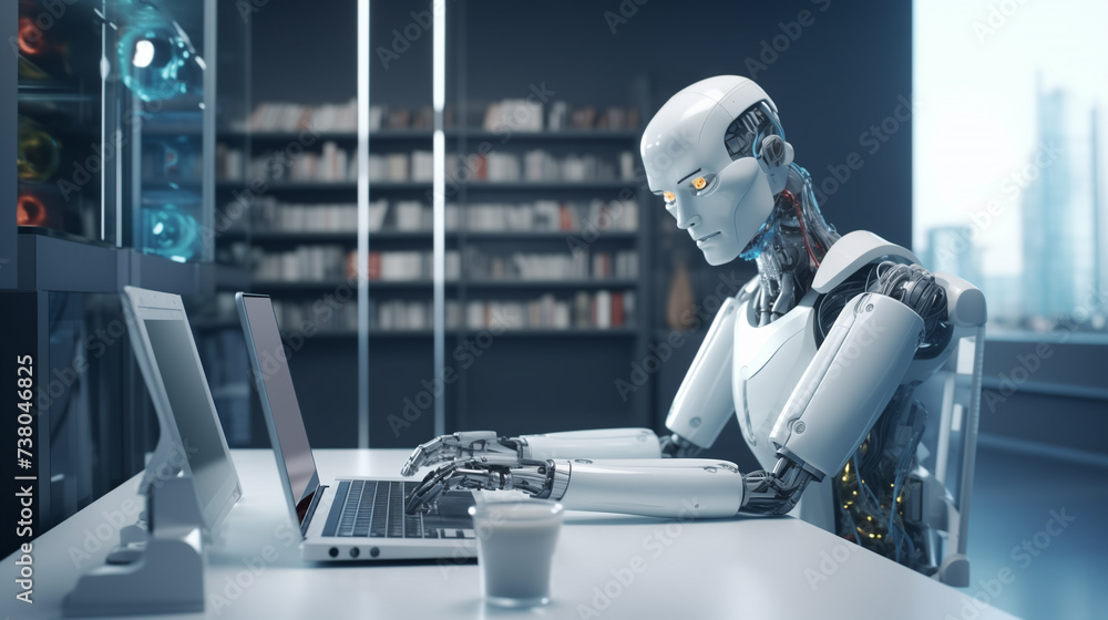 Poster modern ai robot working in office, futuristic artificial intelligence technology, ai replacing human