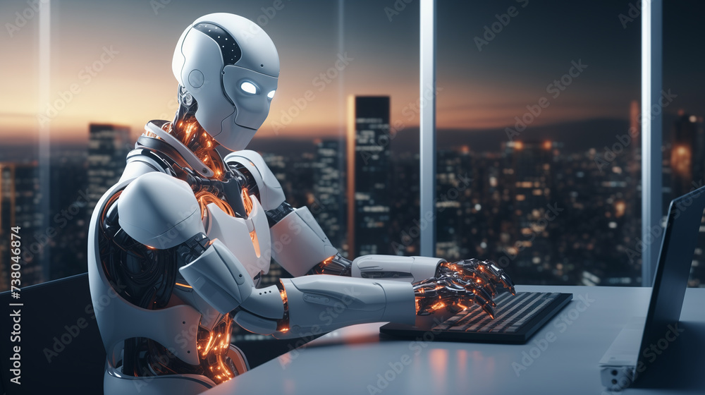 Poster modern ai robot working in office, futuristic artificial intelligence technology, ai replacing human