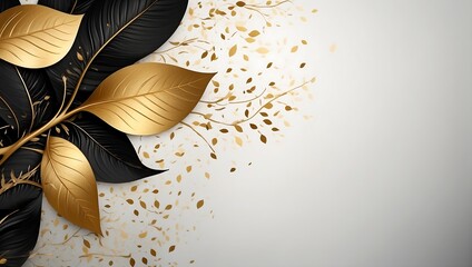 Black and gold leaves background with golden splashes, vector illustration.