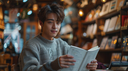 Student Studying on Campus Lawn. Asian university student reading or studying while sitting on the grass at a college campus.