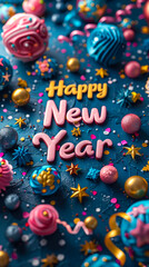 Festive and colorful Happy New Year celebration message with vibrant 3D text surrounded by party confetti, streamers, and decorations on a bright background