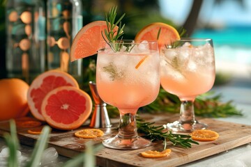 Two grapefruit-based cocktails garnished with slices and sprigs on a wooden board amidst tropical backdrop