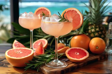 Gorgeous grapefruit cocktails complete with garnishes and surrounded by whole and sliced grapefruits