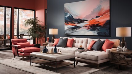 Modern Coral and Navy Living Room