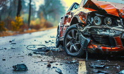 Close-up of a wrecked car's damaged front side after a severe road collision, with debris scattered on the asphalt in the aftermath of an accident