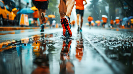 City marathon race in bad rainy weather, closeup of runners feet going through a puddle, reflection in water. - obrazy, fototapety, plakaty