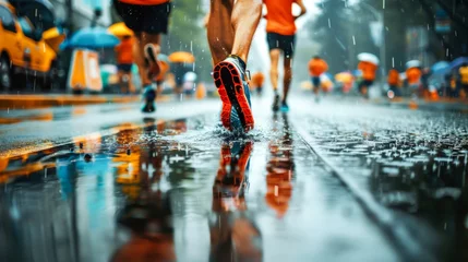 Fototapete City marathon race in bad rainy weather, closeup of runners feet going through a puddle, reflection in water. © eshana_blue