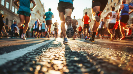 City marathon race, low angle view, back of runners legs, morning sun light in the background. - obrazy, fototapety, plakaty