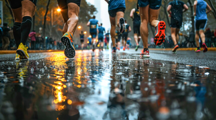 Crowd of marathon runners running through wet streets in rainy weather. Summer city race.