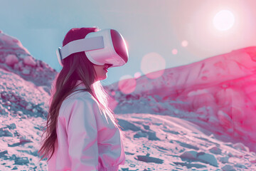 Young woman with VR headset walking on the surface of the moon, pastel pale pink light, surreal scene.