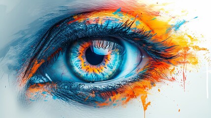 Brightly colored, eyeshaped illustration, in the style of photorealistic eye, textured splashes, hard edge painter, realism with fantasy elements, colorful graffiti-like, azure and amber.