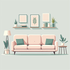 flat design illustration of modern simple room decoration with sofa chair, painting, lamp, and houseplants