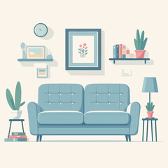 flat design illustration of classic simple room decoration with sofa chair, painting, lamp, and houseplants