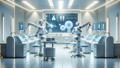 A serene medical laboratory, showcasing next-generation healthcare robots engaged in intricate procedures and analyses