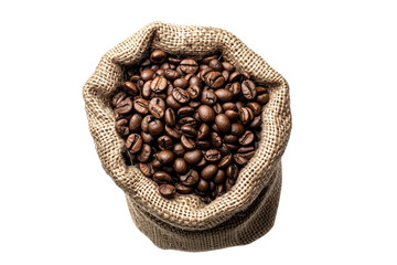 A burlap sack filled with coffee beans isolated on transparent or white background, png