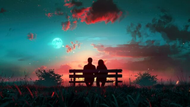 couple sitting on a bench at sunset. Seamless looping time-lapse virtual 4k video animation background
