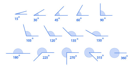 Different Angles degrees template set. Measure and geometric math symbol collection set. Educational school learning. PNG - obrazy, fototapety, plakaty