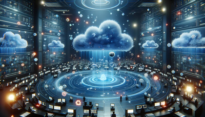 An immersive visualization of a cloud-based data platform, featuring seamless integration and data fluidity. The virtual space is filled with floating data nodes