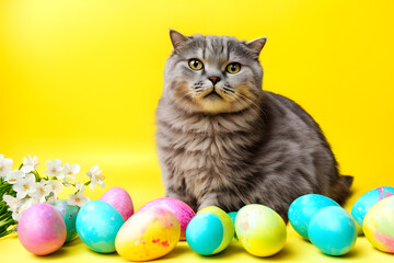 Fototapeta na wymiar Cute cat with easter eggs and flowers on yellow background