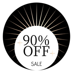 90% off sale written on a white circle with two stars and, in the background, sunshine and a black circle.