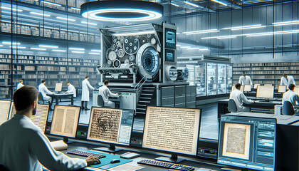 A high-tech OCR (Optical Character Recognition) lab, equipped with advanced scanners and imaging technology to convert printed text into digital data.  - Powered by Adobe