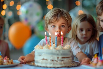 Close-up of a boy blowing out candles on a birthday cake with eager young faces surrounding him