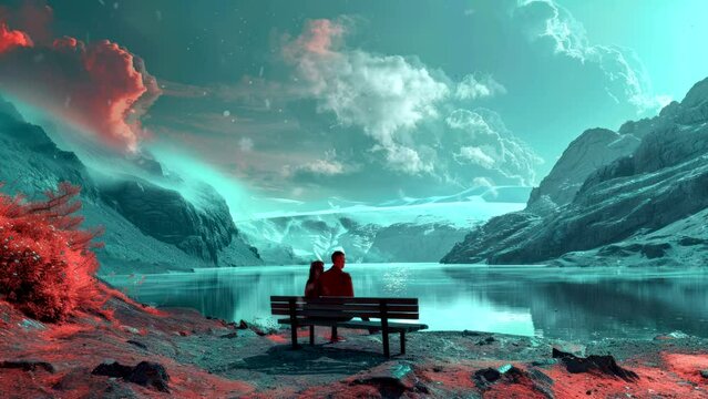 couple on bench with lake view at night. Seamless looping time-lapse virtual 4k video animation background