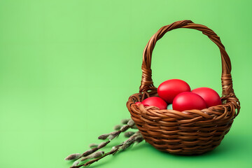 Fototapeta na wymiar Easter eggs in basket with willow branches on green background