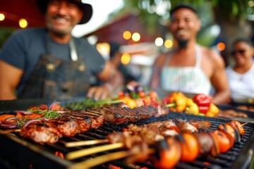 A group of upbeat friends laughing and cooking at an outdoor barbecue party with defocused...